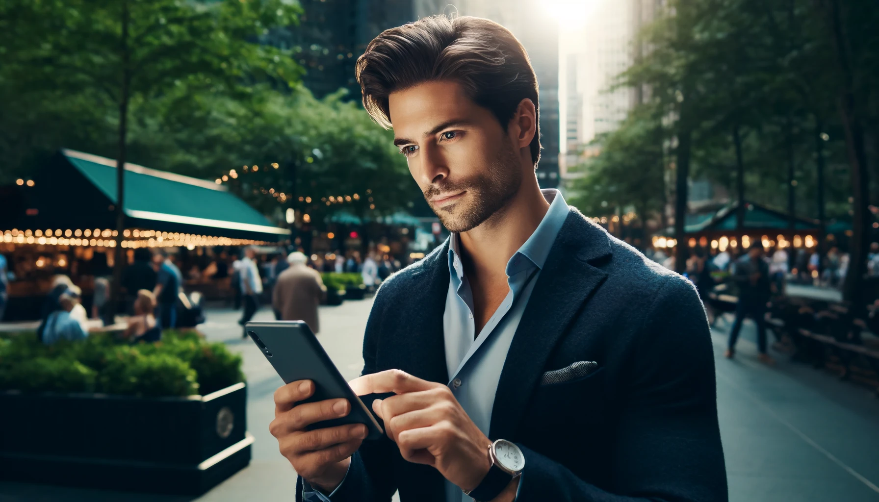 a handsome man outdoors, looking focused and engaged as he uses a tracking app on his smartphone